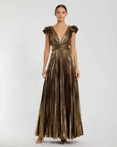 Gold Ruffle Sleeve Cutout Pleated Metallic Gown